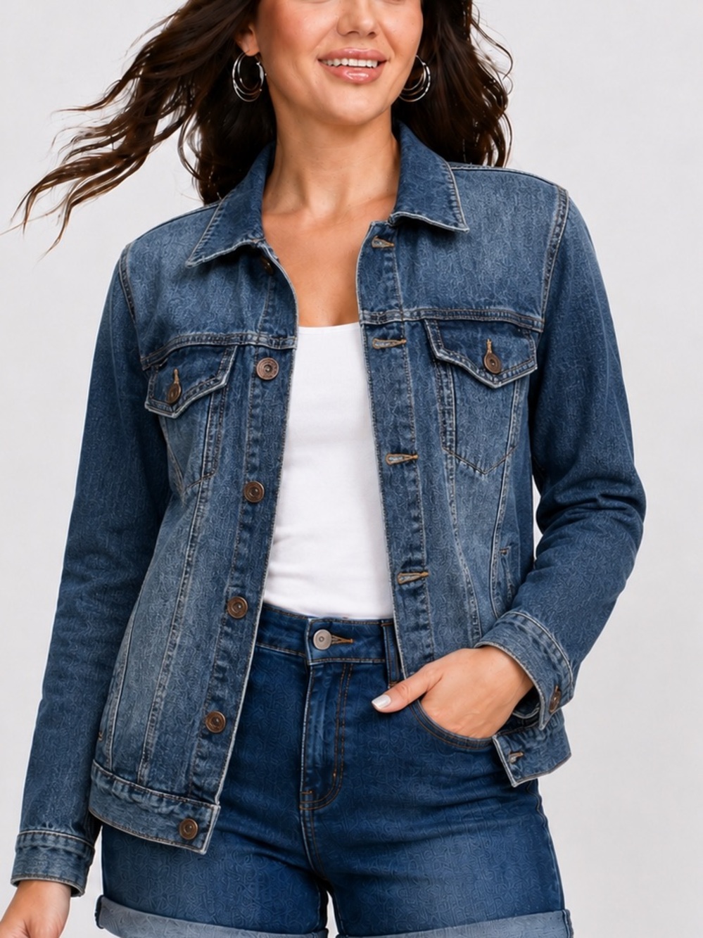 REQUEST Premium Women's Denim Jacket Medium Wash Button Front Size M